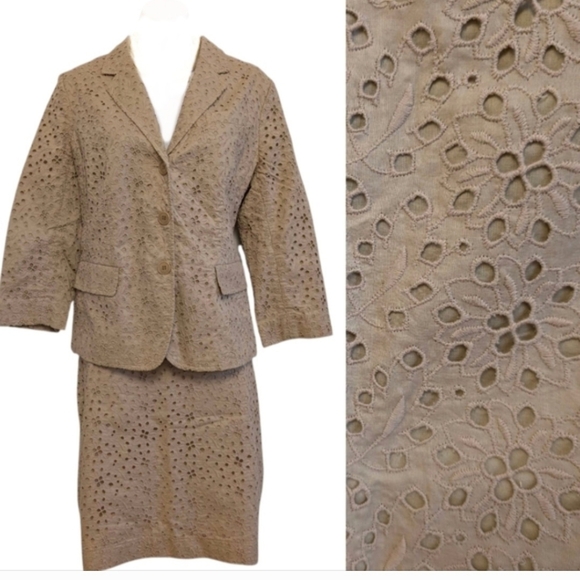 TALBOTS Eyelet Skirt Jacket Suit Tan Neutral Business Polished Set 12 - Picture 2 of 16
